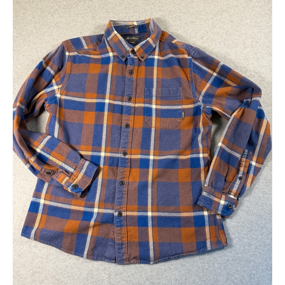 Eddie Bauer Button Down Mens M Blue Orange Plaid Flannel Long Sleeve SKU 235